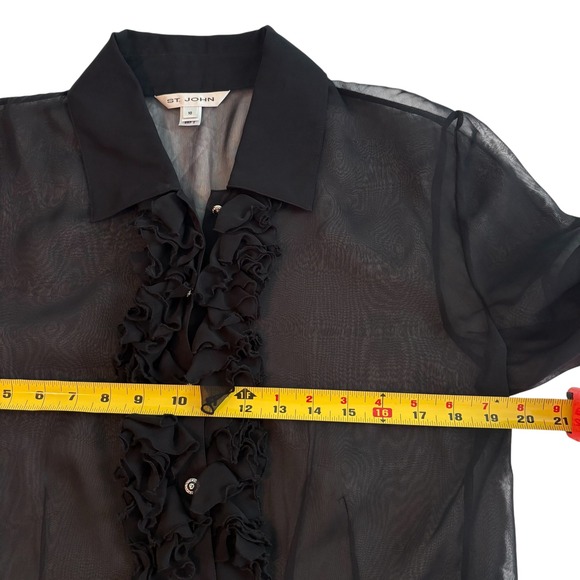 St John Womens Black Sheer Ruffle Front Button Up Blouse Size 10 Crystal Buttons - Picture 5 of 14